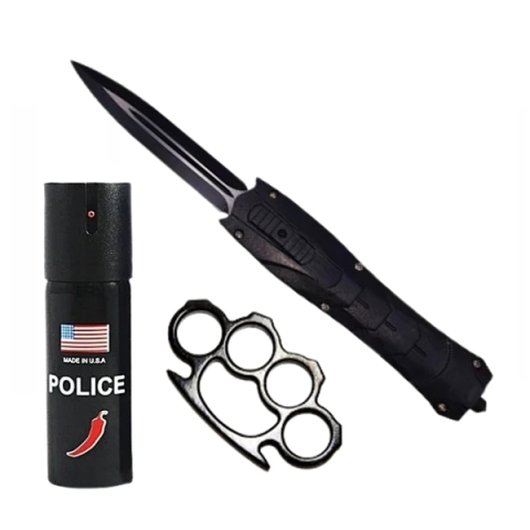 Bricege - Set briceag automat de vanatoare, spray paralizant chili si rozeta autoaparare DEPOX®, 23 cm/60 ml/12 cm, negru