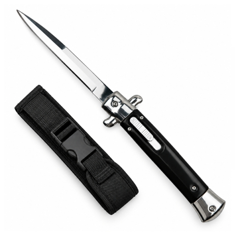 Bricege - Cuțit cu lamă tip stiletto automat DEPOX®, mâner negru, 27 cm, cu husă inclusa
