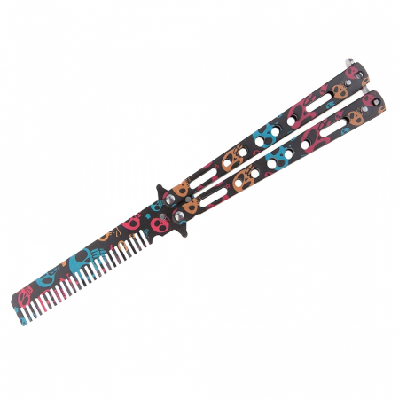 Briceaguri fluture & antrenament - Briceag fluture de antrenament IdeallStore, tip pieptan, Happy Skulls, 22 cm, negru