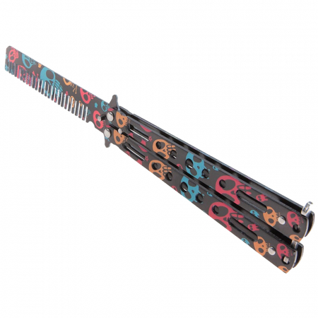 Briceag fluture de antrenament IdeallStore, tip pieptan, Happy Skulls, 22 cm, negru [2]