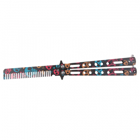 Briceag fluture de antrenament IdeallStore, tip pieptan, Happy Skulls, 22 cm, negru [1]