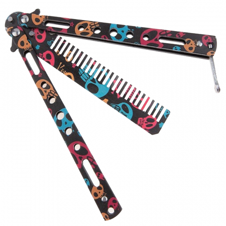 Briceag fluture de antrenament IdeallStore, tip pieptan, Happy Skulls, 22 cm, negru [3]