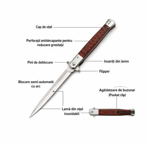 Briceag tip Stiletto, deschidere manuala, lungime 33 cm, lama metalica, maro, lemn [7]