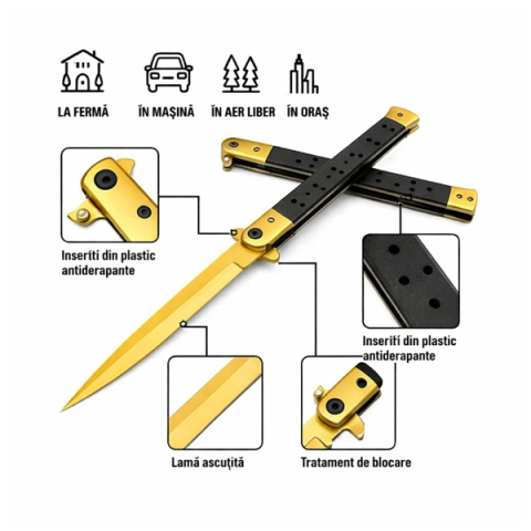 Briceag tip Stiletto, deschidere manuala, lungime 33 cm, lama metalica, auriu [5]