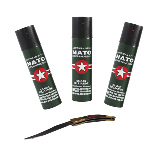 Seturi & accesorii autoaparare - Set 3 sprayuri NATO, cadou briceag model spaniol 21 cm