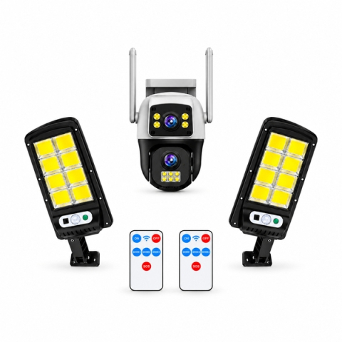 Accesori casa & gradina - Set cameră de supraveghere exterior si 2 lămpi solare LED cu senzori și telecomenziDEPOX®, 8 MP, 4G SIM / Wi-Fi, două obiective, 355°, vedere nocturnă color