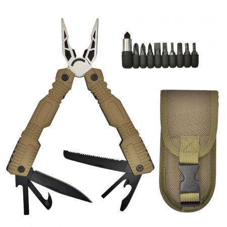 Accesori camping & drumetii - Cleste multifunctional IdeallStore®, Survival Gear, otel inoxidabil, 16 functii, 24 cm, bej, husa inclusa