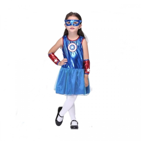 Costume Halloween copii - Costum Captain America fete, Albastru, 3-5 ani, 100-110 cm