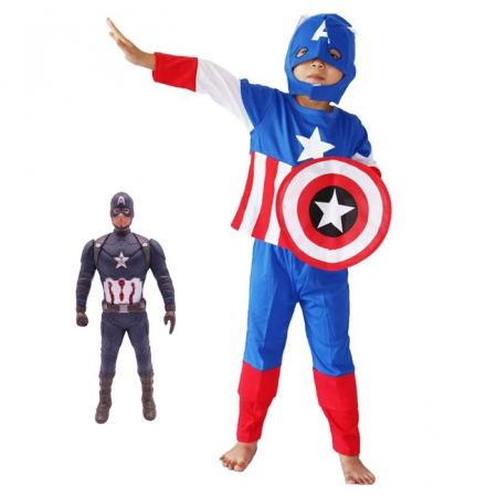 Costume Halloween copii - Costum Captain America pentru copii, First Avenger, poliester, albastru, figurina inclusa, 3-5 ani, 100-110 cm