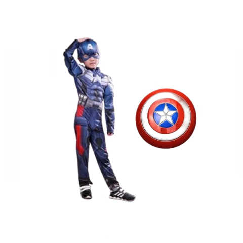 Costume si seturi pentru copii - Set costum Captain America cu Muschi + Scut Supererou 30 cm, DEPOX®, 5-7 ani , 110-120 cm