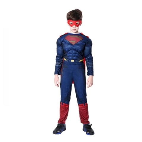 UNIVERSUL COPIILOR - Costum Superman cu Mușchi pentru Copii DEPOX®, Salopetă, Pelerină și Mască, 7-9 Ani, 120-130 cm