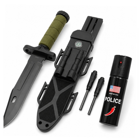 Cutite vanatoare - Set cutit cu amnar,ascutitor si spray autoaparare chili, DEPOX® , 32 cm/60 ml, teaca multifunctionala, verde military