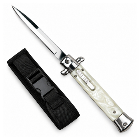 Bricege - Cuțit cu lamă tip stiletto automat DEPOX®, mâner alb, 27 cm, cu husă inclusa