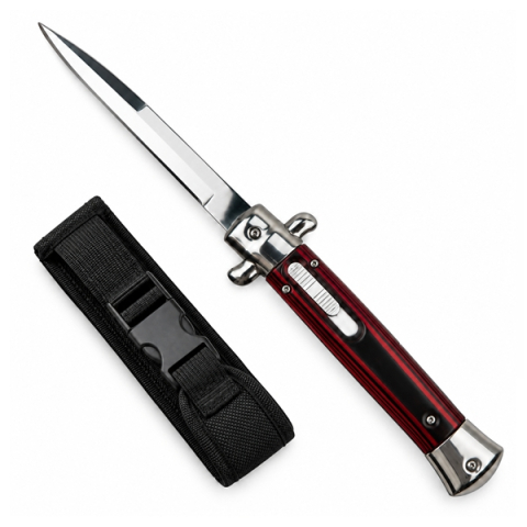 Bricege - Cuțit cu lamă tip stiletto automat DEPOX®, mâner rosu/negru, 27 cm, cu husă inclusa