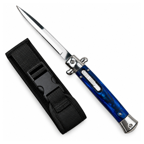 Bricege - Cuțit cu lamă tip stiletto automat DEPOX®, mâner albastru, 27 cm, cu husă inclusa