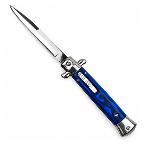 Cuțit cu lamă tip stiletto automat DEPOX®, mâner albastru, 27 cm, cu husă inclusa [1]