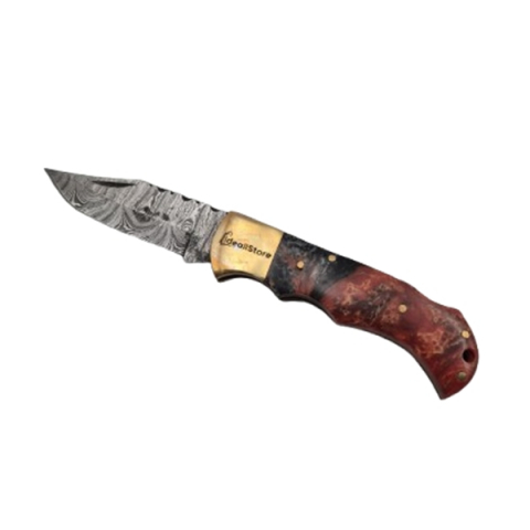 Cuțit de buzunar otel damasc,  pliere cu blocare, mâner din lemn, teacă piele inclusă , multicolor, 17 cm [1]