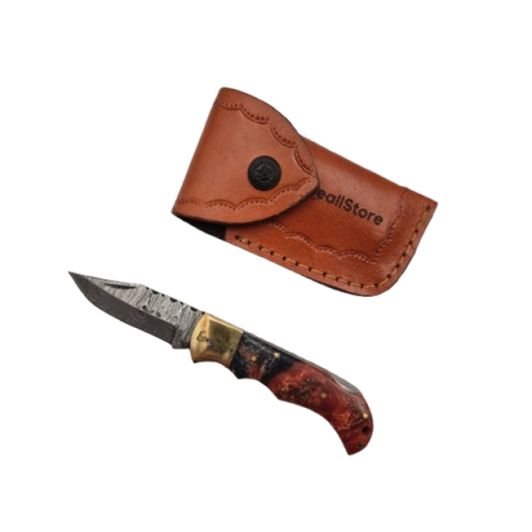 Bricege - Cuțit de buzunar otel damasc,  pliere cu blocare, mâner din lemn, teacă piele inclusă , multicolor, 17 cm