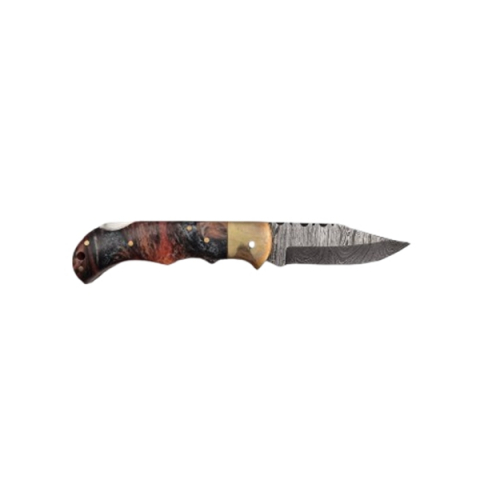 Cuțit de buzunar otel damasc,  pliere cu blocare, mâner din lemn, teacă piele inclusă , multicolor, 17 cm [2]