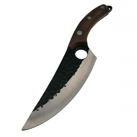 Cutit de macelarie IdeallStore®, lucrat manual, maner lemn, 27 cm, maro, teaca piele inclusa [2]