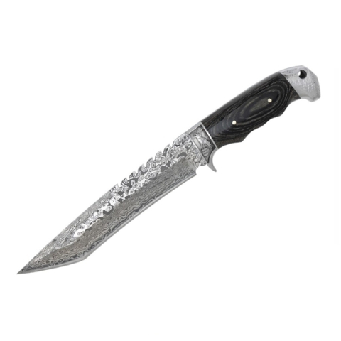 VANATOARE, DRUMETII & CAMPING - Cutit de vanatoare cu lama fixa  DEPOX®, Mâner din Lemn, Design Tip Damasc, Husă Cordura, 30 cm, Negru