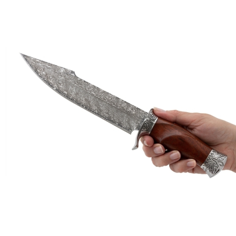 Cutit de vanatoare cu lama fixa  DEPOX®, Mâner din Lemn, Design Tip Damasc, Husă Cordura, 30 cm , Maro [2]
