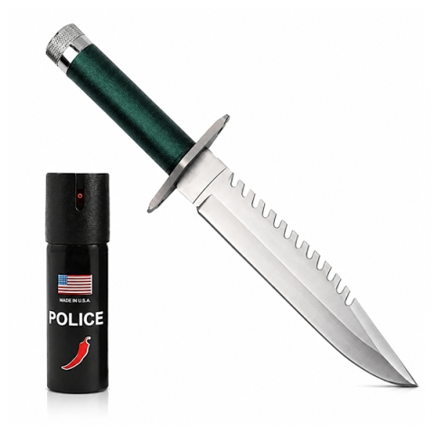 Cutite vanatoare - Set cutit de vanatoare  si spray paralizant chili, DEPOX®, 35 cm/60 ml, teaca inclusa, verde/negru