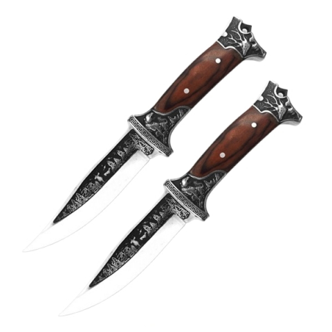 SPORT & TIMP LIBER - Set doua cutite de vanatoare, design gravat, maner lemn, 28 cm, maro