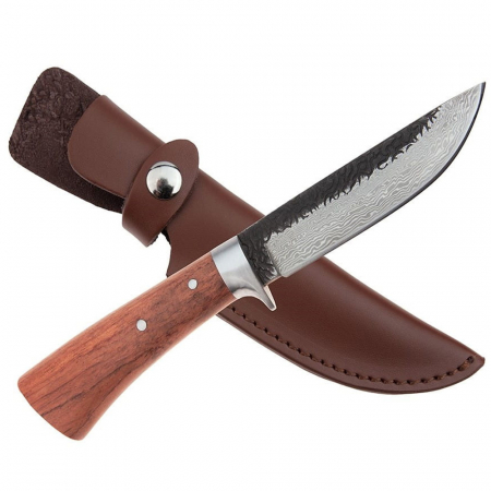 Cutite vanatoare - Cutit de vanatoare IdeallStore®, Adventure Accuracy, otel damasc, 25 cm, maner lemn, maro, husa piele