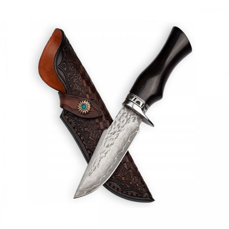 Cutite & seturi de cutite - Cutit de vanatoare, IdeallStore®, Fixed Blade, Husa Piele, Otel Damasc, Negru