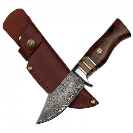 Cutite vanatoare - Cutit de vanatoare IdeallStore®, Oriental Cutting, otel damasc, 20.5 cm, maro, teaca piele