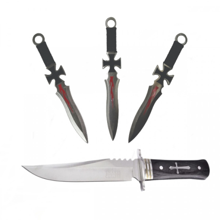 Cutite & seturi de cutite - Cutit de vanatoare Tang Hunter si 3 Cutite de aruncat, IdeallStore® , 28 cm ,Otel inoxidabil