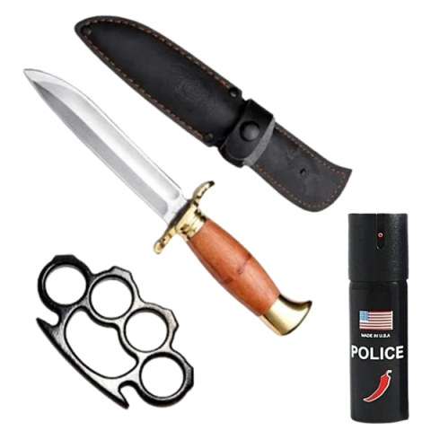 Cutite vanatoare - Set cutit de vanatoare, spray paralizant chili si box autoaparare DEPOX®, 26 cm/60 ml/12 cm, teaca din piele naturala