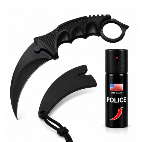 SPORT & TIMP LIBER - Set cutit karambit si spray paralizant chili DEPOX®, 19 cm/60 ml, Negru