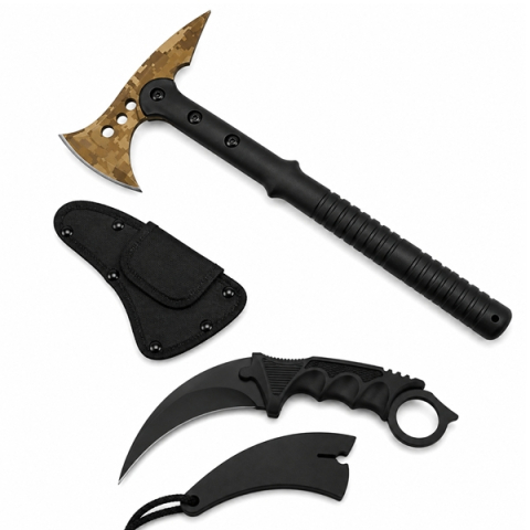SPORT & TIMP LIBER - Set topor survivor si cutit karambit Night, DEPOX®, 19 cm/39 cm, negru