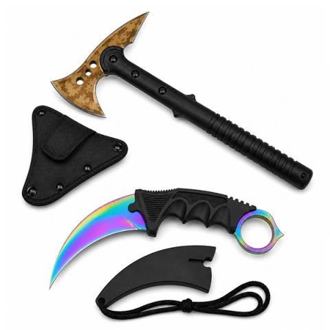 SPORT & TIMP LIBER - Set topor survivor si cutit karambit, Rainbow Star, DEPOX®, 39 cm/18.5 cm, multicolor