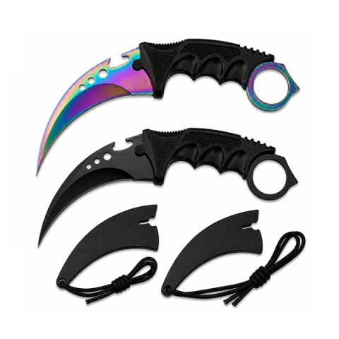 Cutite vanatoare - Set doua cutite karambit vanatoare DEPOX®, lamă fixă, oțel inoxidabil 420, negru/multicolor, 19 cm