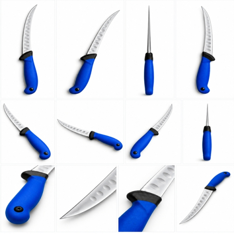 Set trei cutite pentru filetat DEPOX®, lamă curbată din oțel inoxidabil cu alveole, mâner ergonomic, 29 cm, albastru [4]