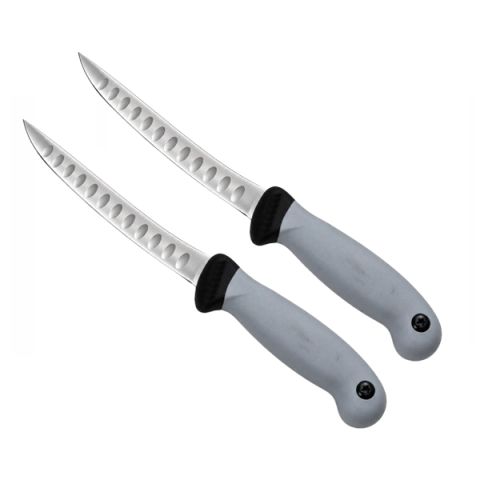 Cutite & seturi de cutite - Set doua cuțite pentru filetat DEPOX®, lamă curbată din oțel inoxidabil cu alveole, mâner ergonomic, 29 cm, gri