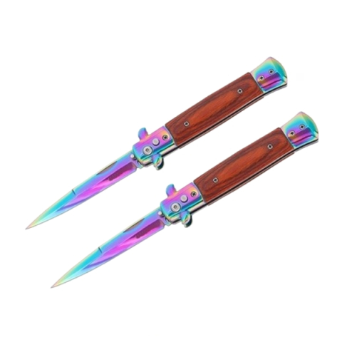 Bricege - Set de doua cutite pliabile cu arc sicilian,  DEPOX®, lamă curcubeu, oțel inoxidabil 420, deschidere automată, 22 cm