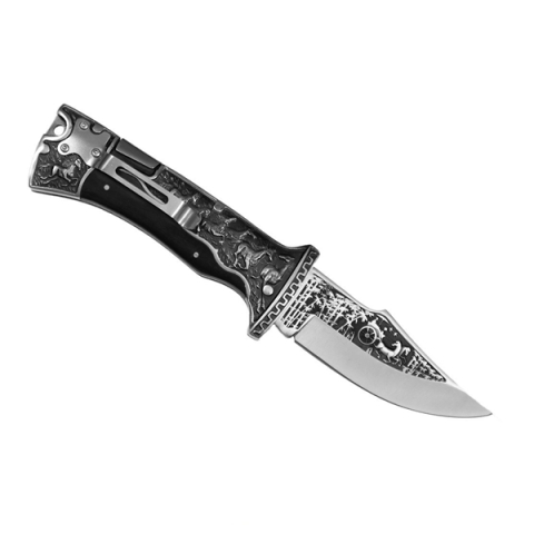 Set doua cutite pliabile de vânătoare, DEPOX®, lamă inox clip point, mâner metal și lemn, negru, 23 cm [8]