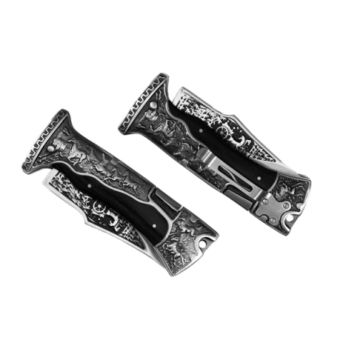 Set doua cutite pliabile de vânătoare, DEPOX®, lamă inox clip point, mâner metal și lemn, negru, 23 cm [1]