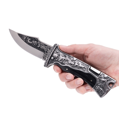 Cuțit pliabil de vânătoare, DEPOX®, lamă inox clip point, mâner metal și lemn, negru, 23 cm [9]