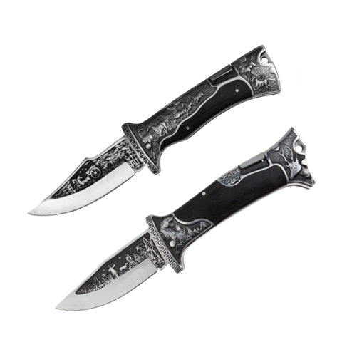 Cutite vanatoare - Set 2 cuțite pliabile de vânătoare DEPOX®, lamă inox clip point, mâner metal și lemn, sistem back lock, negru, 23 cm