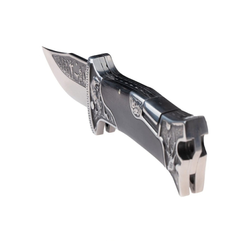 Set 2 cuțite pliabile de vânătoare DEPOX®, lamă inox clip point, mâner metal și lemn, sistem back lock, negru, 23 cm [12]