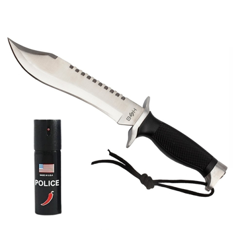 SPORT & TIMP LIBER - Set cuțit tactic cu lamă fixă pentru activități outdoor și supraviețuire  si spray autoaparare chili DEPOX®, otel inoxidabil, 30 cm/60 ml