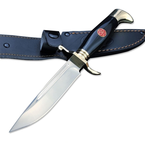 Set de doua cutite de vanatoare, teaca din piele naturala, lama 440C, maner acrilic full tang, 26 cm, negru [3]