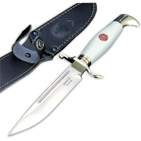 Set de trei cutite de vanatoare, teaca din piele naturala, lama 440C, 26 cm, alb/maro/negru [3]