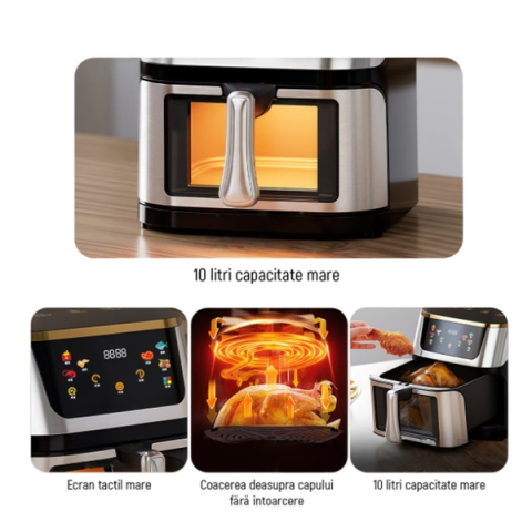 Friteuză cu aer cald Air Fryer, 10L, 1400W, DEPOX®, ecran tactil LCD, geam vizual, temperatură reglabilă, timer, inox, negru [6]