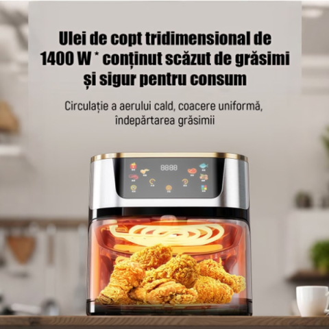 Friteuză cu aer cald Air Fryer, 10L, 1400W, DEPOX®, ecran tactil LCD, geam vizual, temperatură reglabilă, timer, inox, negru [2]